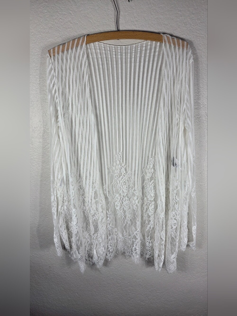 Oh La La Cheri Paris Romantic Striped Sheer White Lace Long Cardigan Size S/M